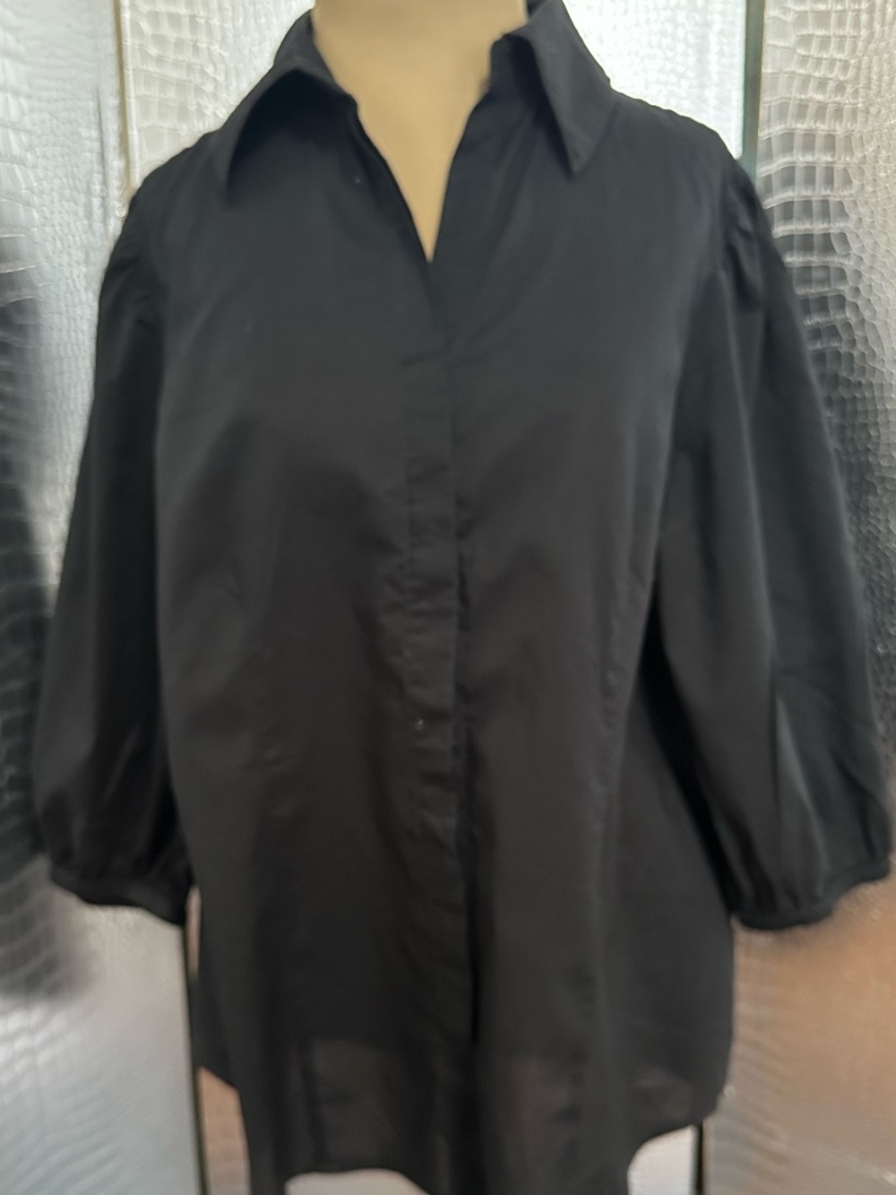 Ninety Black Button-Front Blouse with Three-Quarter Puff Sleeves